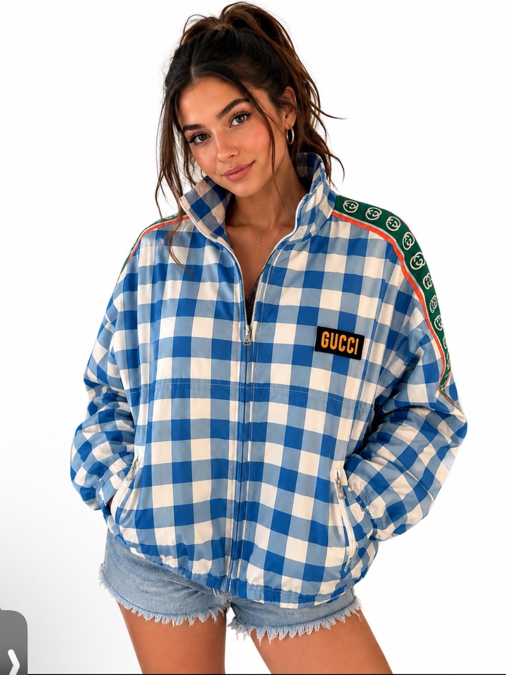 Gucci Blue and White Plaid Varsity Jacket with Green Stripe Detail